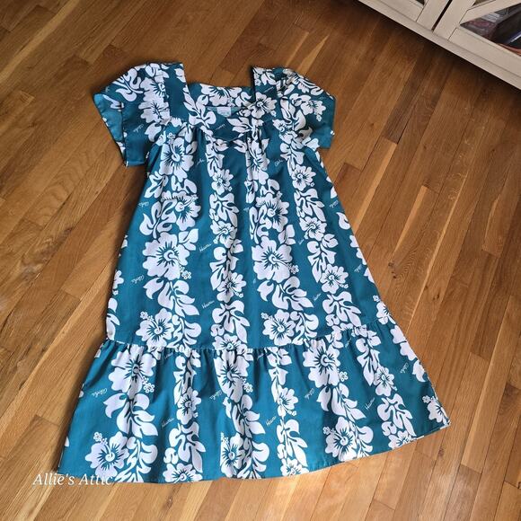 Jade Fashions Teal Blue Green White Tropical Floral Hawaiin Dress 80s 90s XL - Picture 5 of 8